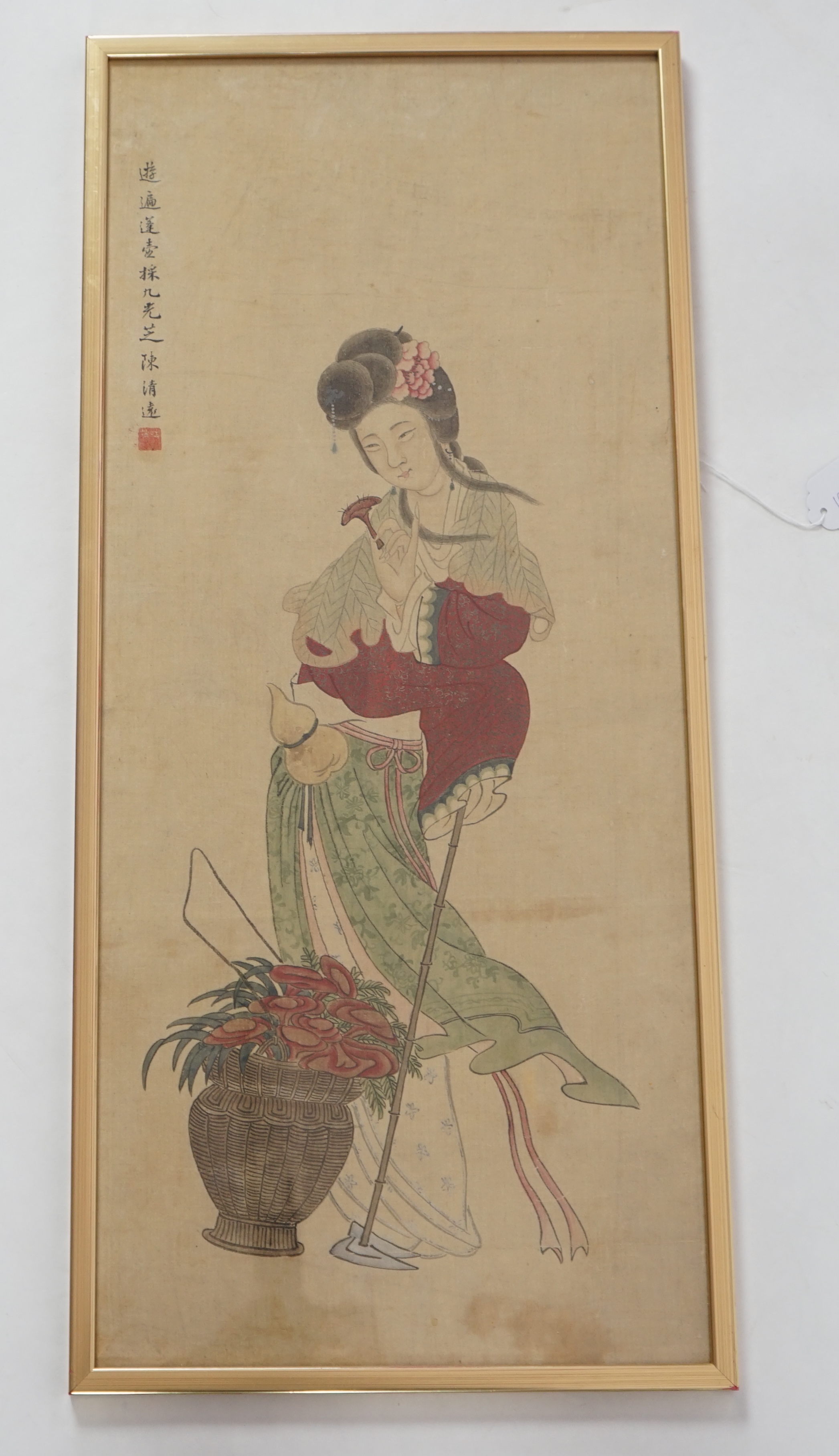 Chinese School, 19th century, ink and colour on paper, Magu with a basket of flowers